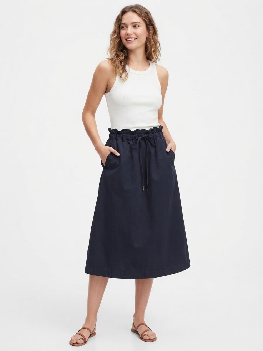 Banana Republic Navy Blue Pull-On Poplin Midi Skirt XS Boho Cottagecore Preppy
